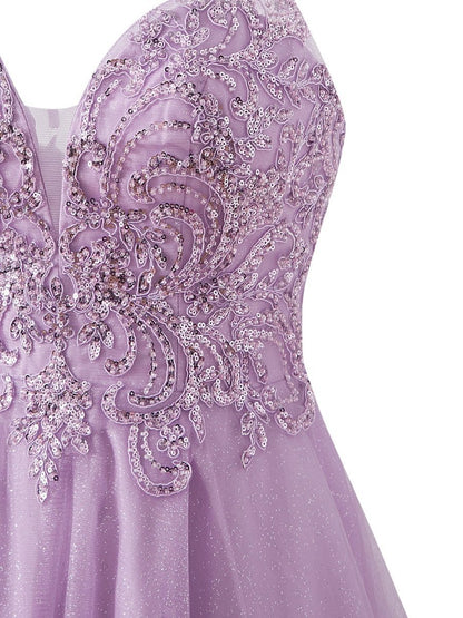 A-line Short Spaghetti Strap Glitter Tulle Homecoming Dresses
