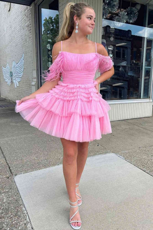 A-line Glitter Tulle Homecoming Dresses with Feather