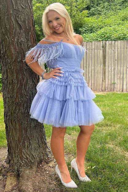 A-line Glitter Tulle Homecoming Dresses with Feather