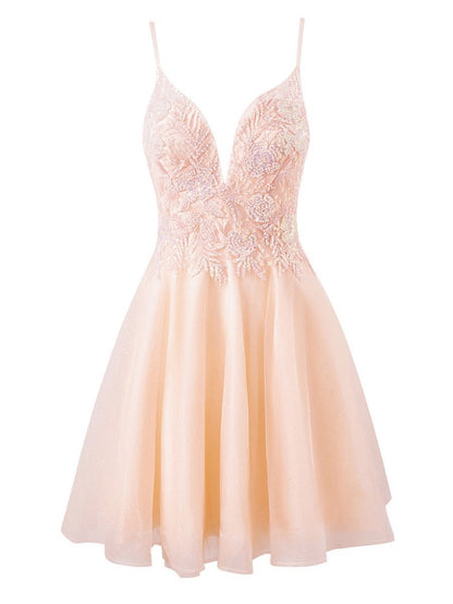 A-line Short Spaghetti Strap Glitter Tulle Homecoming Dresses