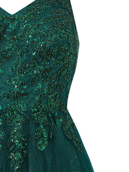 A-line Floor Length Glitter Tulle Prom Dresses