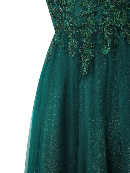 A-line Floor Length Glitter Tulle Prom Dresses