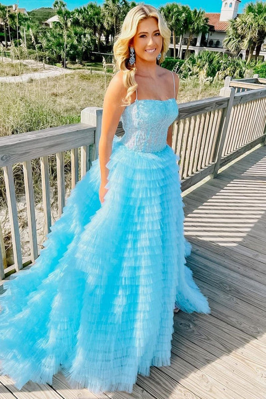 A-line Spaghetti Straps Corset Ruffled Prom Dresses