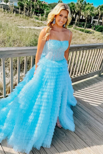 A-line Spaghetti Straps Corset Ruffled Prom Dresses