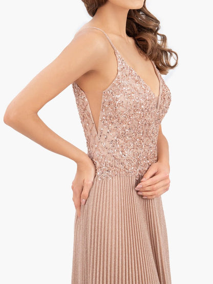 Rose A-line Floor Length Glitter Jersey Prom Dresses with Appliques and Sequins