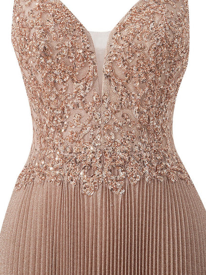 Rose A-line Floor Length Glitter Jersey Prom Dresses with Appliques and Sequins