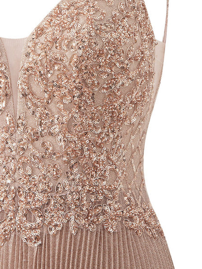 Rose A-line Floor Length Glitter Jersey Prom Dresses with Appliques and Sequins