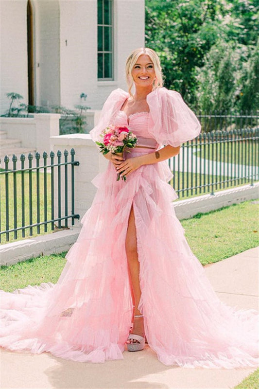 A-line Tow-Piece Tulle Prom Dresses with Slit
