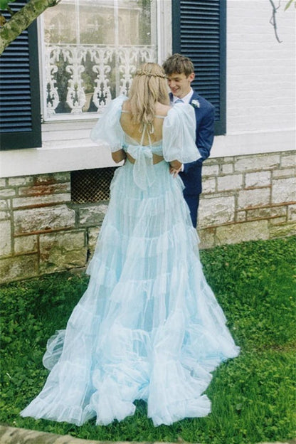 A-line Tow-Piece Tulle Prom Dresses with Slit