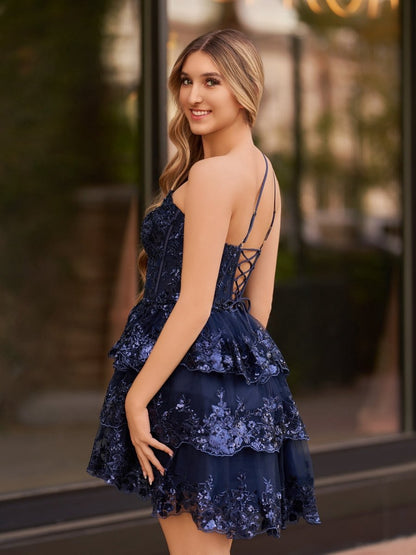 A-line One Shoulder Navy Tie Lace Short Homecoming Dresses