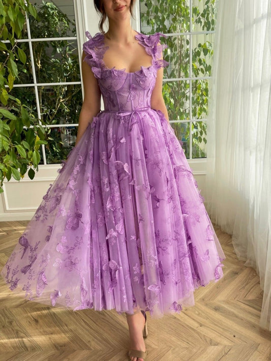 Aline Tulle Midi Prom Dresses with 3D Butterflies