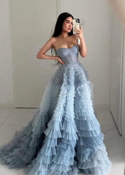A-line Sweetheart Tie Ruffled Tulle Long Prom Dresses