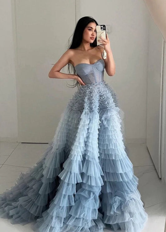 A-line Sweetheart Tie Ruffled Tulle Long Prom Dresses