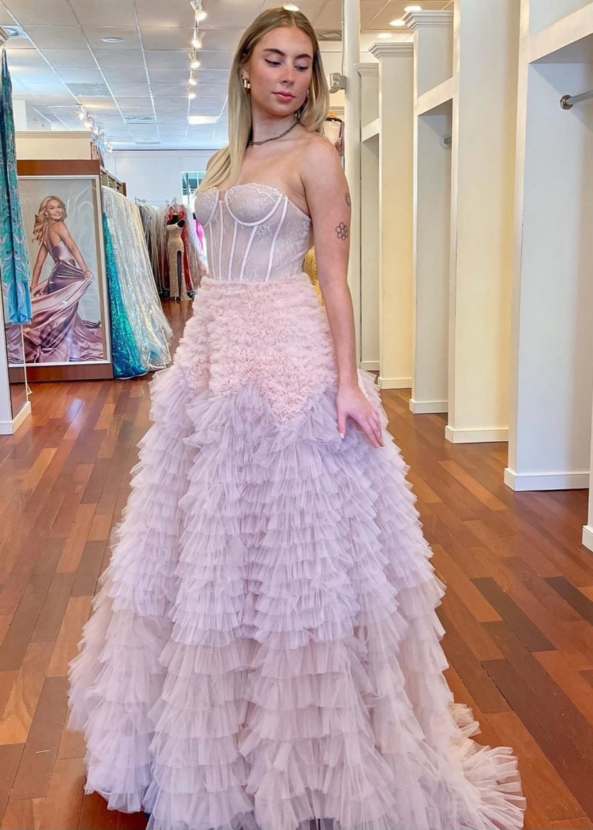 A-line Sweetheart Tie Ruffled Tulle Long Prom Dresses