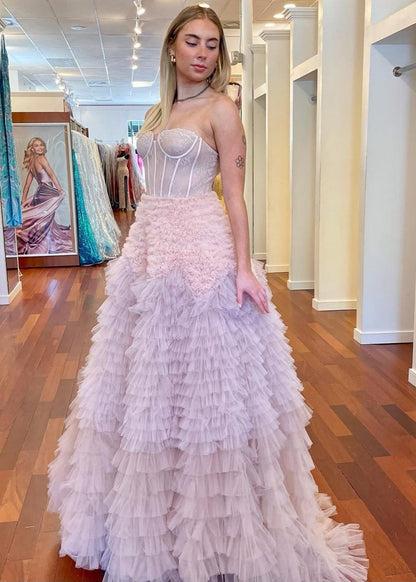 A-line Sweetheart Tie Ruffled Tulle Long Prom Dresses