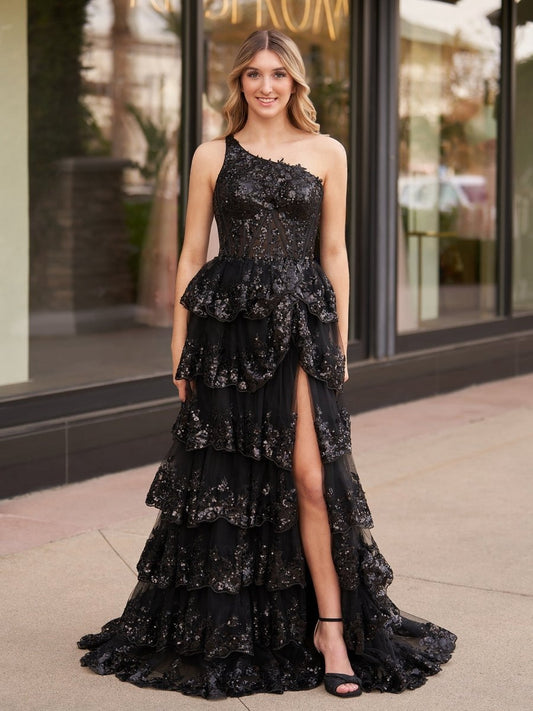 Sheath One Shoulder Tie Lace Long Prom Dresses