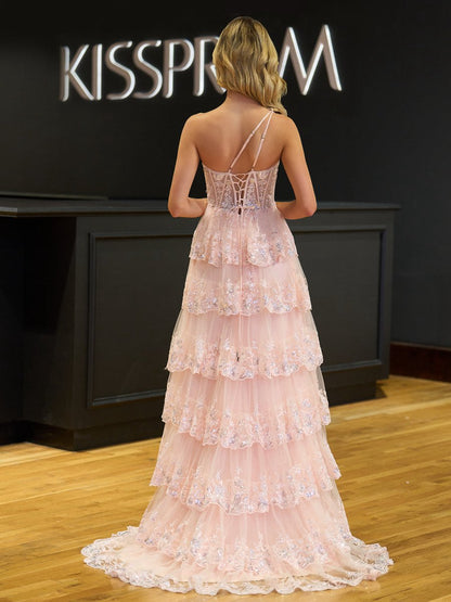 Sheath One Shoulder Tie Lace Long Prom Dresses