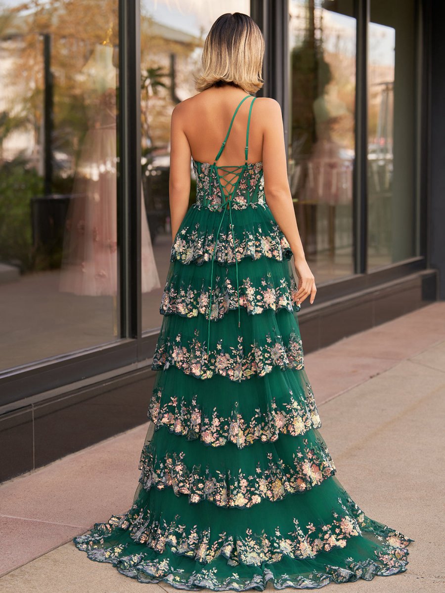 Sheath One Shoulder Tie Lace Long Prom Dresses