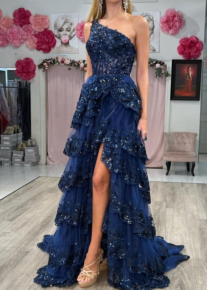 Sheath One Shoulder Tie Lace Long Prom Dresses