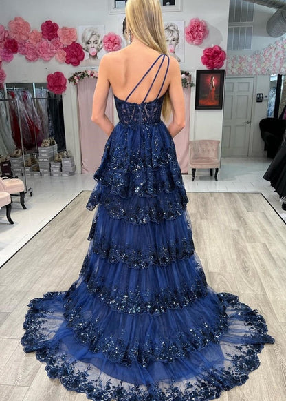 Sheath One Shoulder Tie Lace Long Prom Dresses
