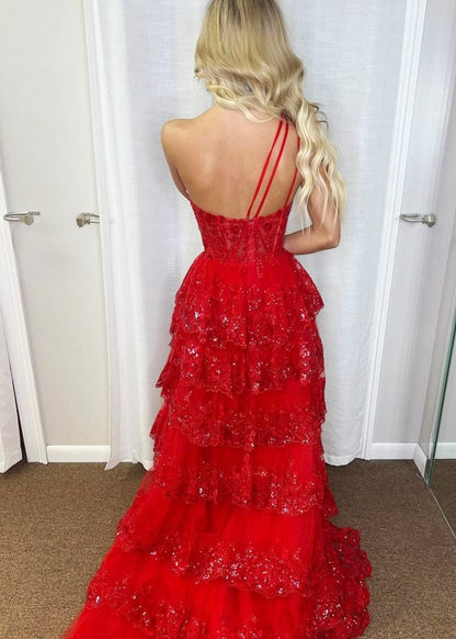 Sheath One Shoulder Tie Lace Long Prom Dresses