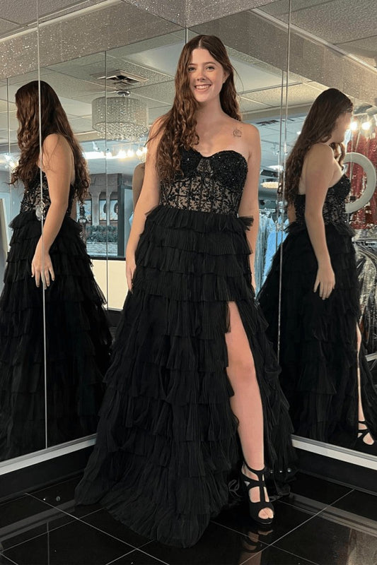 A-line Strapless Tulle Long Prom Dresses with Slit