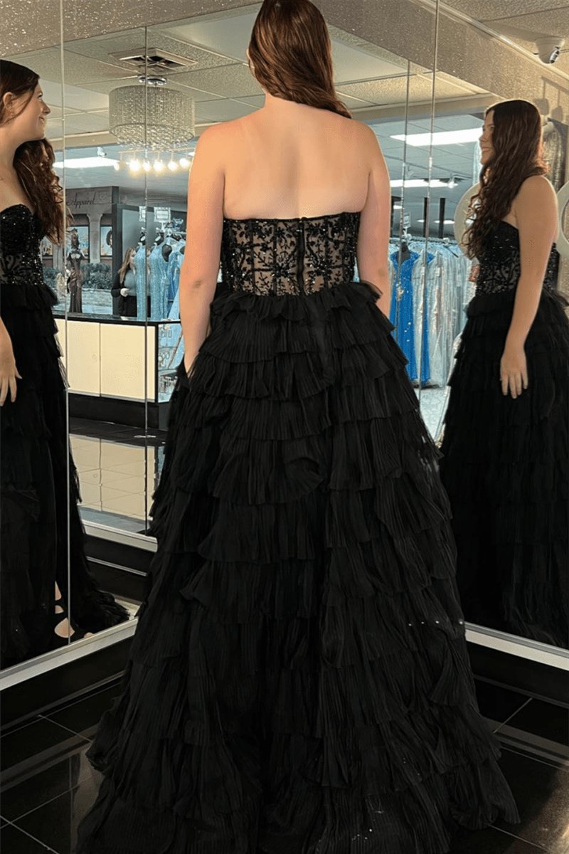 A-line Strapless Tulle Long Prom Dresses with Slit