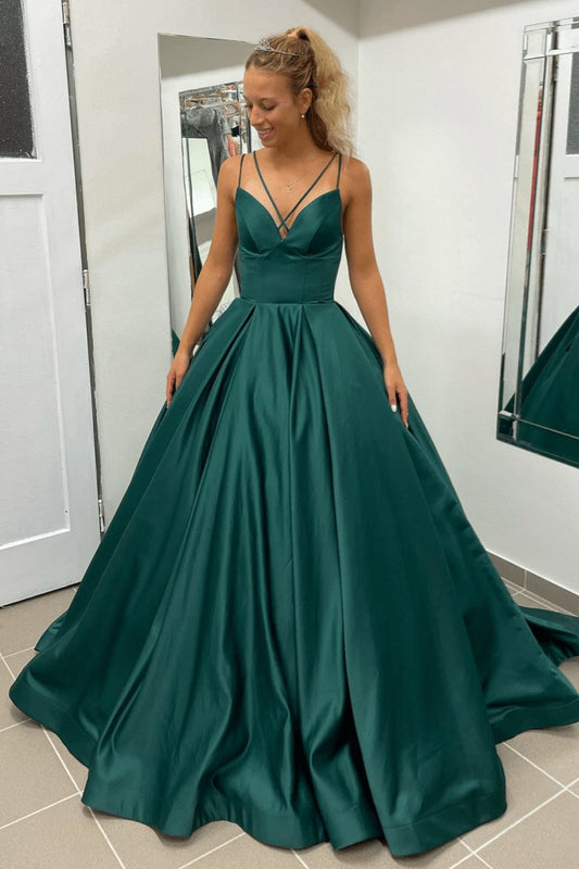 A-line V-Neck Satin Long Prom Dresses