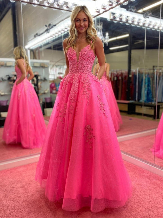 V Neck A-line Lace Long Prom Dresses