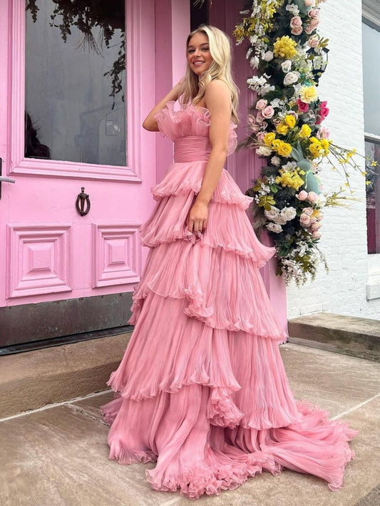 Strapless A-line Tie Crinkled Tulle Prom Dresses