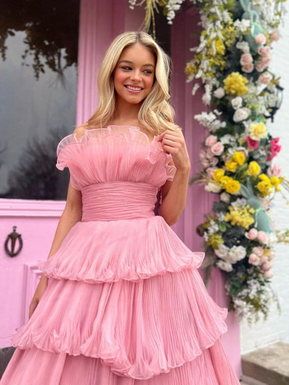 Strapless A-line Tie Crinkled Tulle Prom Dresses