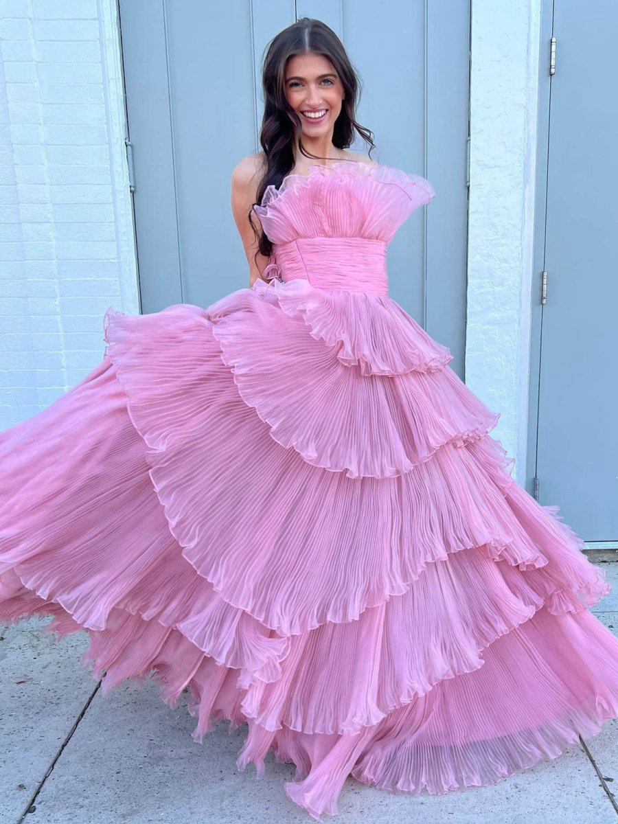 Strapless A-line Tie Crinkled Tulle Prom Dresses