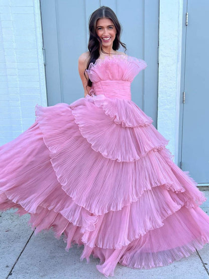 Strapless A-line Tie Crinkled Tulle Prom Dresses