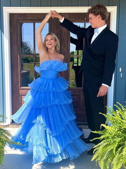 Strapless A-line Tie Crinkled Tulle Prom Dresses