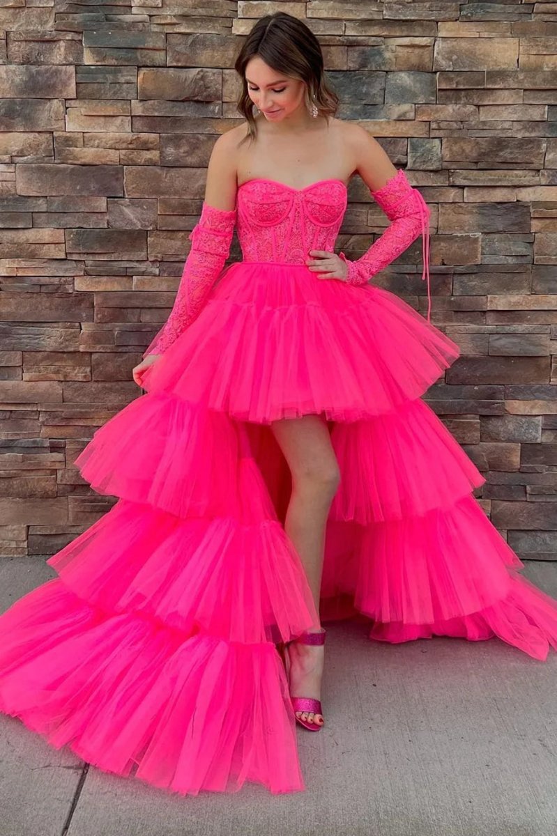 A-line Asymmetrical Strapless Tie Tulle Prom Dresses