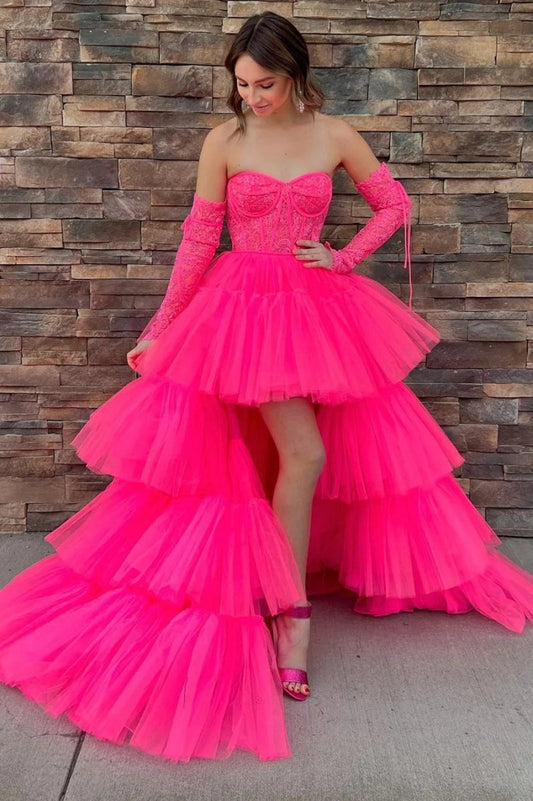 A-line Asymmetrical Strapless Tie Tulle Prom Dresses