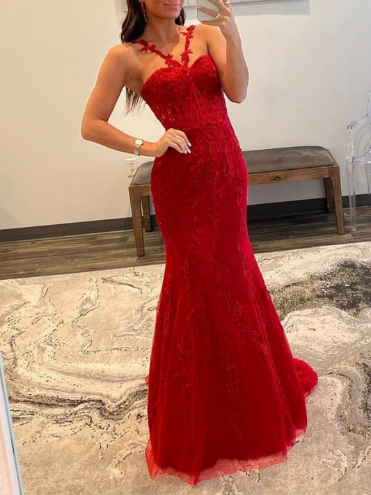 Mermaid Halter Lace Mermaid Long Prom Dresses