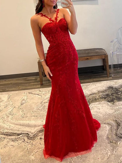 Mermaid Halter Lace Mermaid Long Prom Dresses