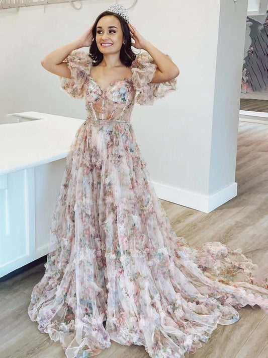 A-line Off the Shoulder Floral Tulle Prom Dresses
