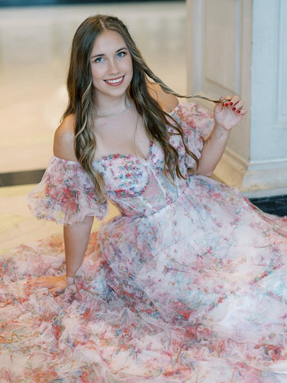 A-line Off the Shoulder Floral Tulle Prom Dresses