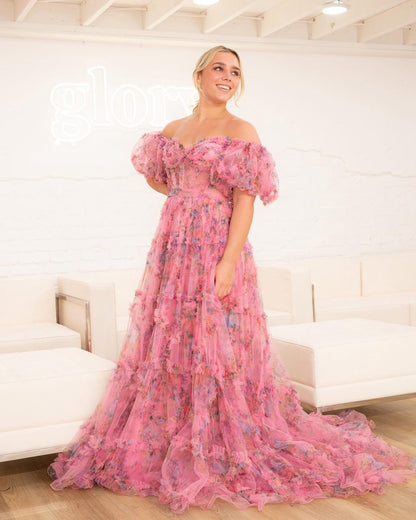 A-line Off the Shoulder Floral Tulle Prom Dresses