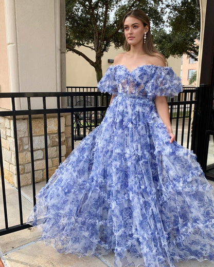 A-line Off the Shoulder Floral Tulle Prom Dresses