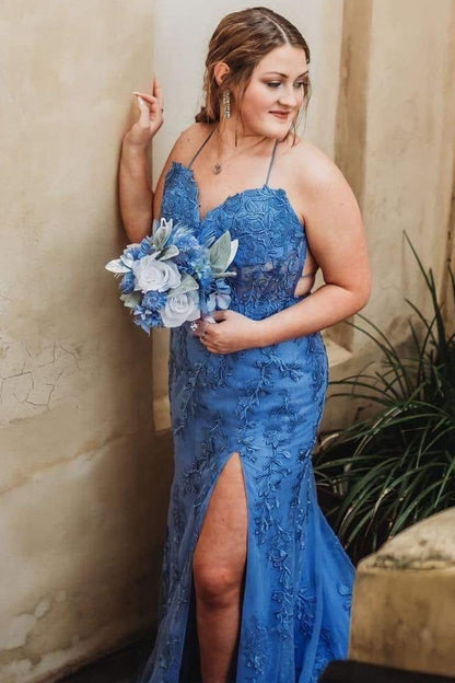 Mermaid Straps Slit Long Prom Dresses with Appliques
