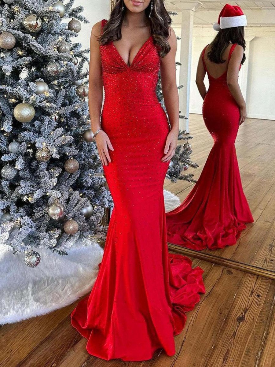 Mermaid Deep V-Neck Beaded Satin Long Prom Dresses