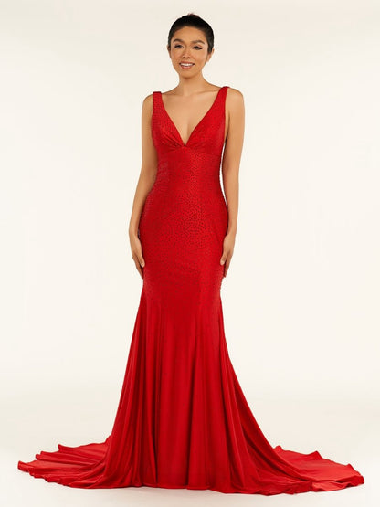 Mermaid Deep V-Neck Beaded Satin Long Prom Dresses