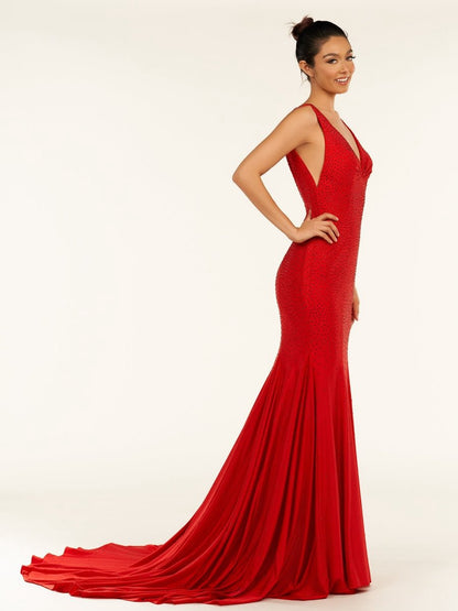 Mermaid Deep V-Neck Beaded Satin Long Prom Dresses
