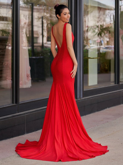 Mermaid Deep V-Neck Beaded Satin Long Prom Dresses