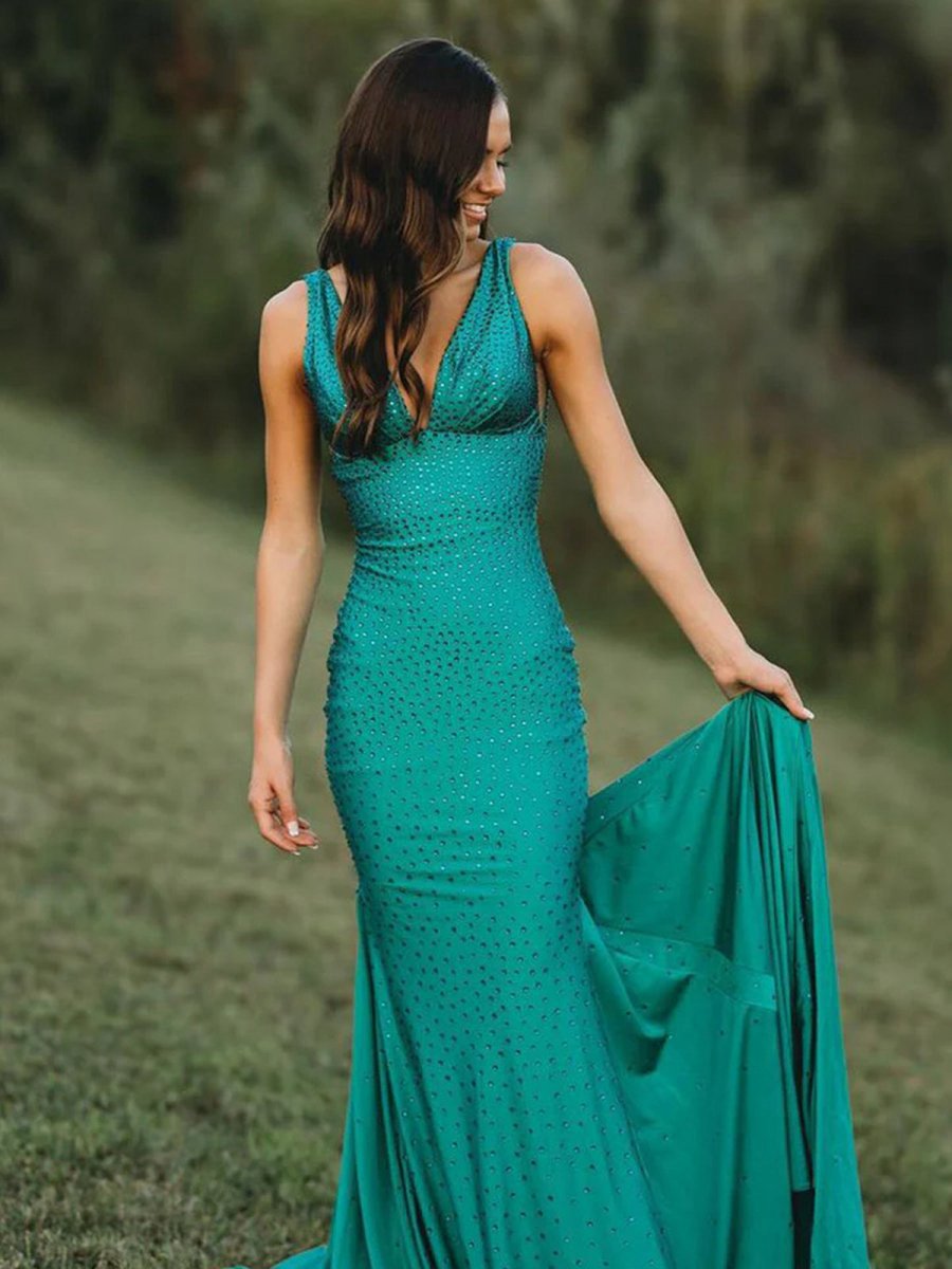 Mermaid Deep V-Neck Beaded Satin Long Prom Dresses