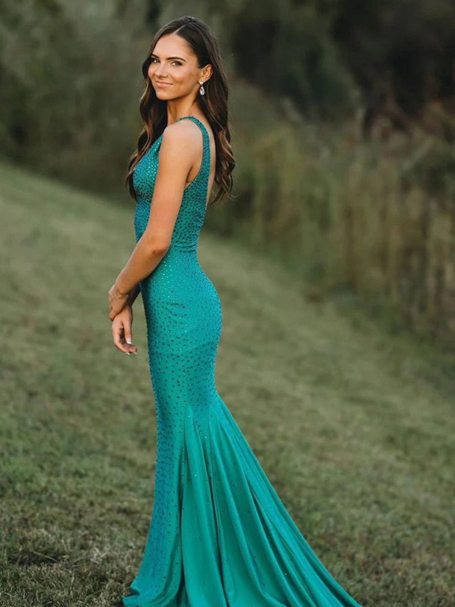 Mermaid Deep V-Neck Beaded Satin Long Prom Dresses