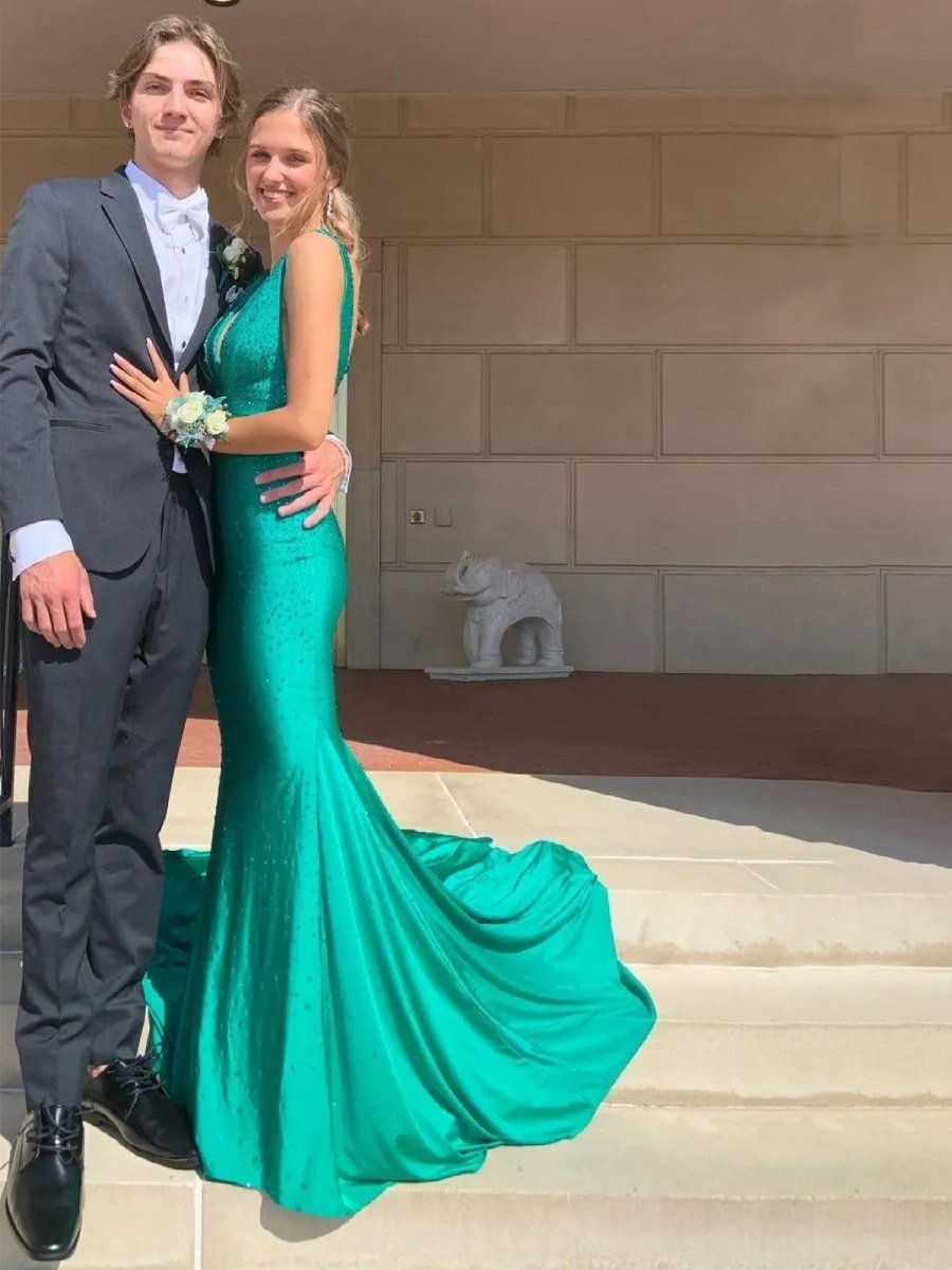 Mermaid Deep V-Neck Beaded Satin Long Prom Dresses